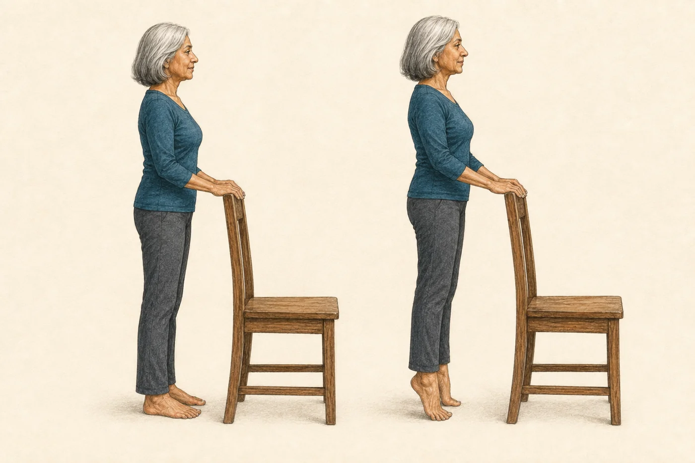 Supported Heel Raise: Train ankle plantar flexion and steady vertical lift with chair support.