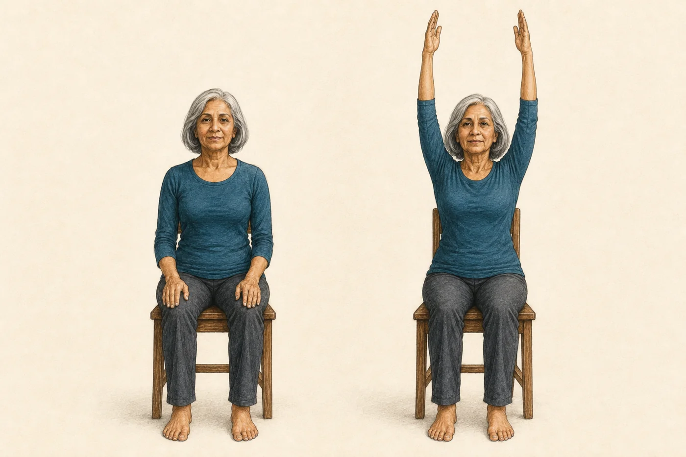 An older woman sits upright, then raises her arms in a comfortable seated movement.