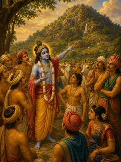 गोवर्धन पर्वत उठाते कृष्ण