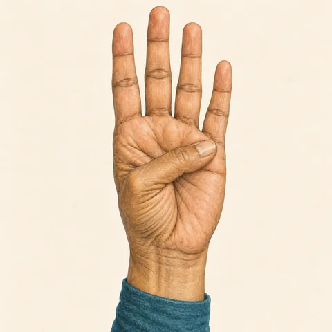 The thumb rests across the open palm; all four fingers are still open.