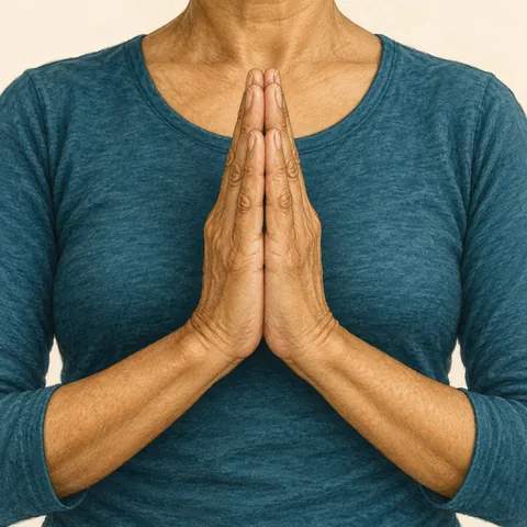 Both palms meet in front of the chest, with fingers pointing upward and wrists at ease.