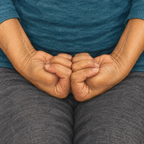 Both fists meet near the navel, with palms facing upward and thumbs held inside.