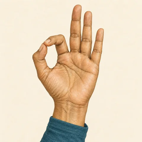 A close-up of one hand: thumb and index fingertips meet, with the other three fingers open.