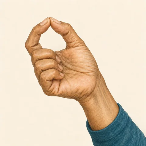A close-up of one hand: thumb and index fingertips meet, with the other three fingers curled toward the palm.