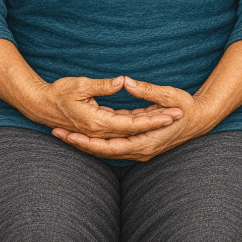 गोद में हथेलियाँ ऊपर की ओर; दाहिना हाथ बाएँ के ऊपर और अंगूठों के सिरे मिले हुए।