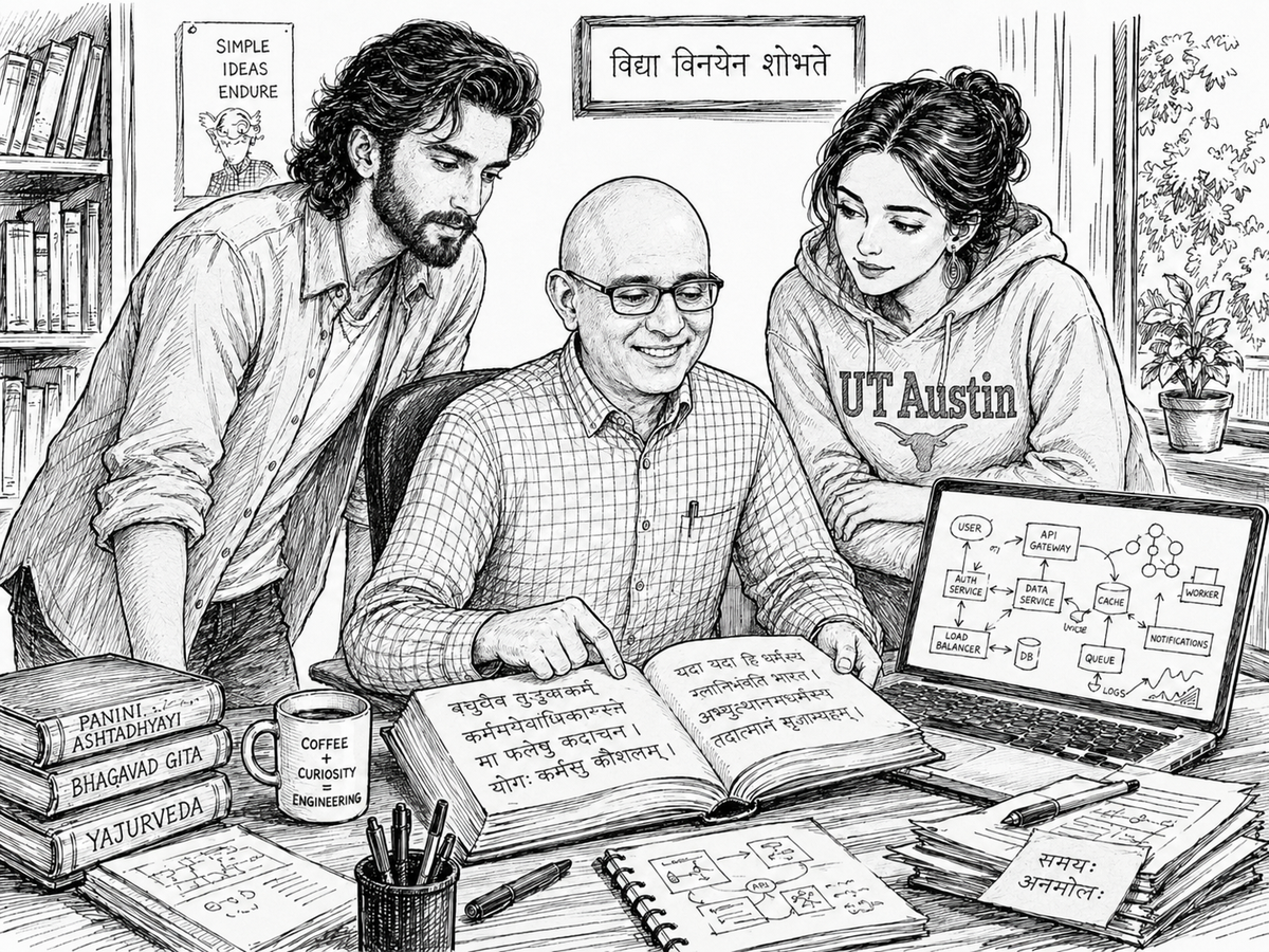 A line-art scene of three figures studying an open book of Sanskrit verses at a desk. A laptop displays a system architecture diagram. Books on the desk include the Panini Ashtadhyayi, Bhagavad Gita, and Yajurveda. A coffee mug reads Coffee + Curiosity = Engineering. The Sanskrit phrase on the wall reads vidya vinayena shobhate, knowledge is adorned by humility.