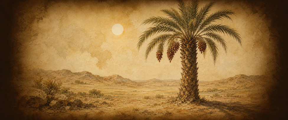 A single date palm in a desert plain at noon