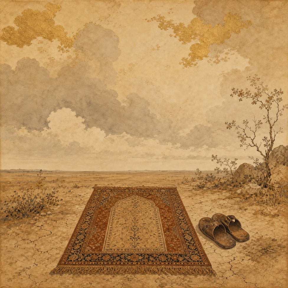 A worn prayer mat with sandals at its edge, in a quiet alcove