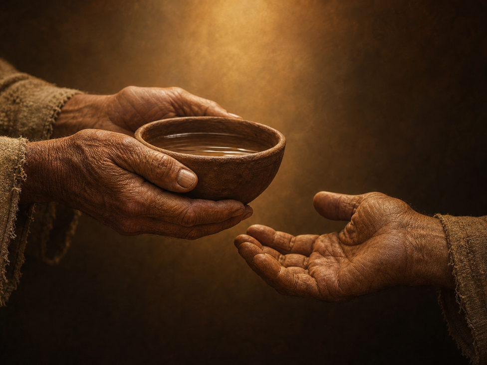 Cupped hands holding a small bowl of clear water
