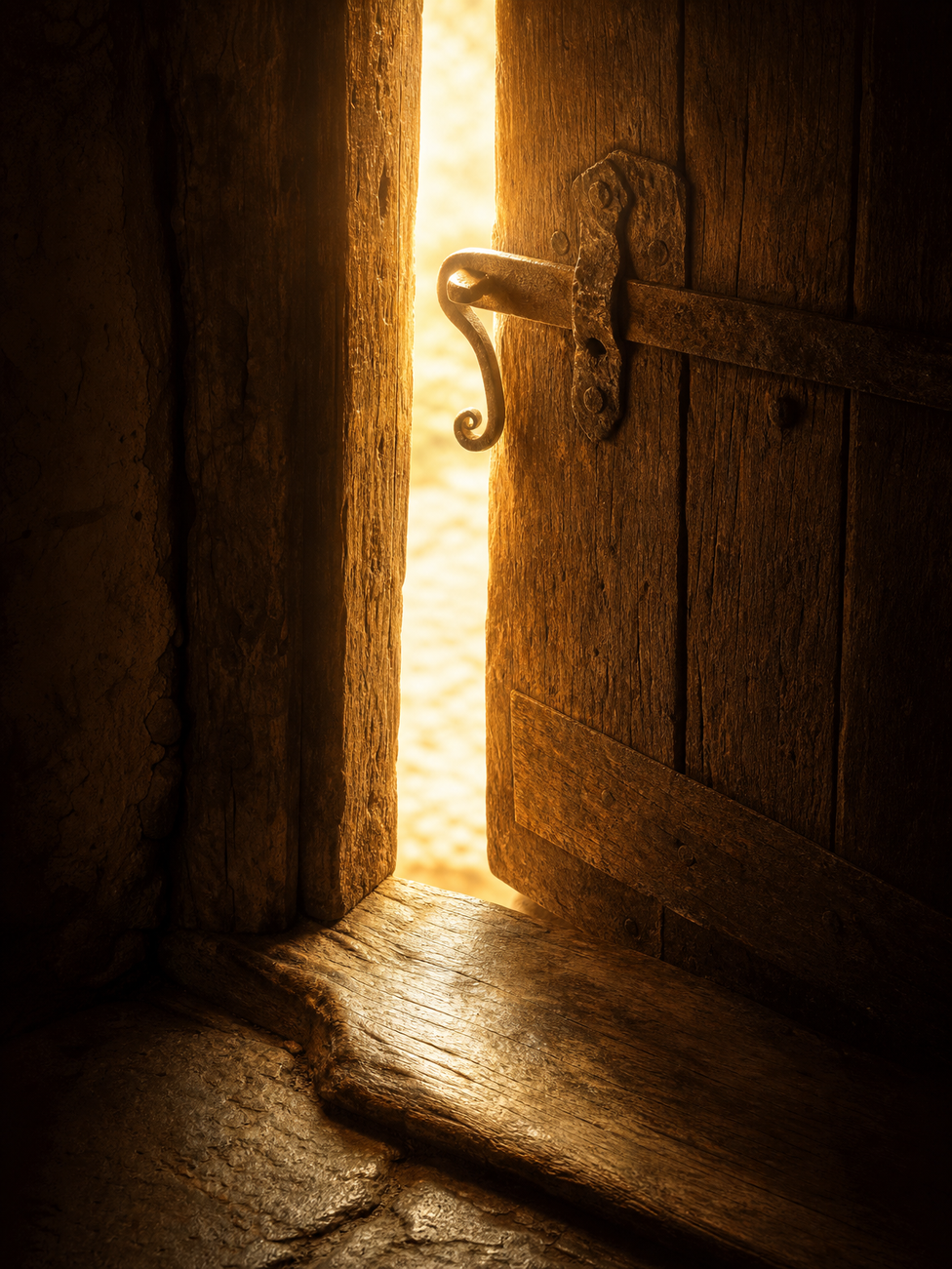 An old wooden door with a rusty latch; a sliver of light leaks through