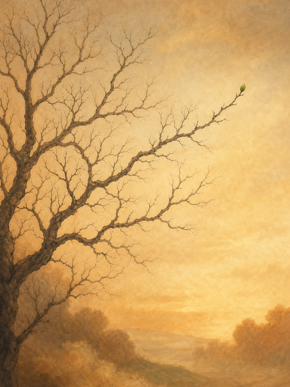 A bare winter tree against an amber sky; one tiny green bud on a branch