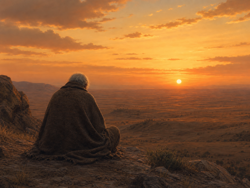An old man wrapped in a shawl, seen from behind, looking at a sunset