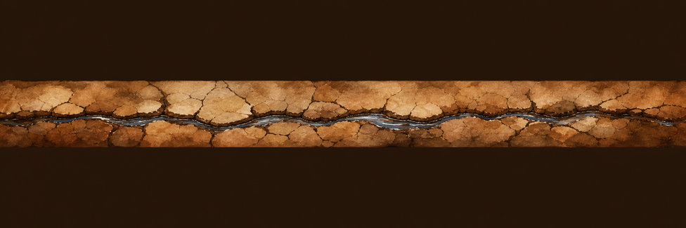 A wide thin strip: cracked dry earth merging into a thin line of water