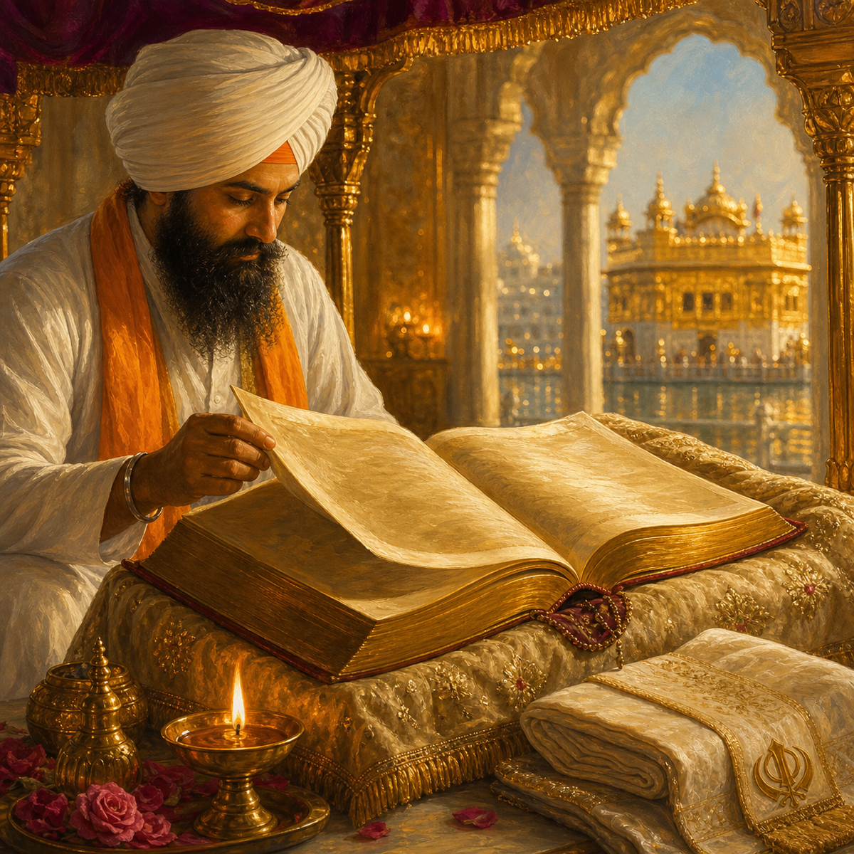 A hand resting on an open old book in lamplight, ready to turn the page
