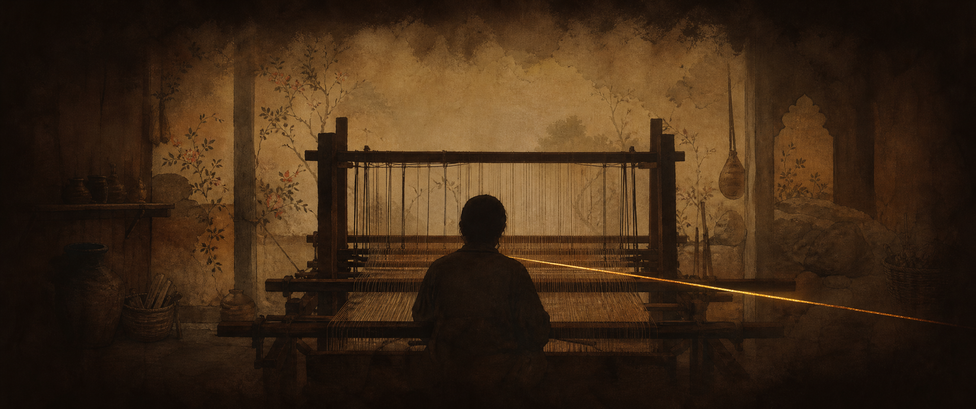 A weaver silhouetted at his handloom, a single thread of light across the warp