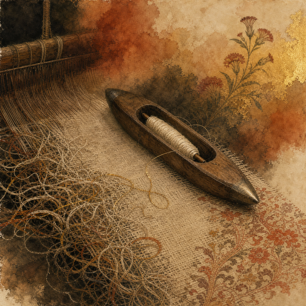 Closeup of the weaver's shuttle on a partially-woven cloth