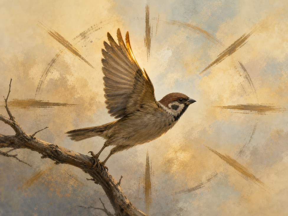 A sparrow taking off, surrounded by brush-strokes pointing in ten directions