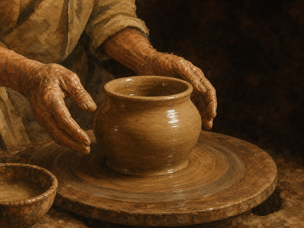 An old potter's hands shaping a clay pot on a turning wheel