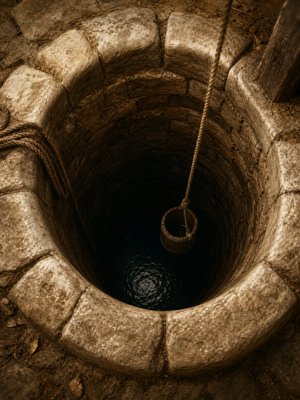 A stone well from above, a bucket descending on a frayed rope