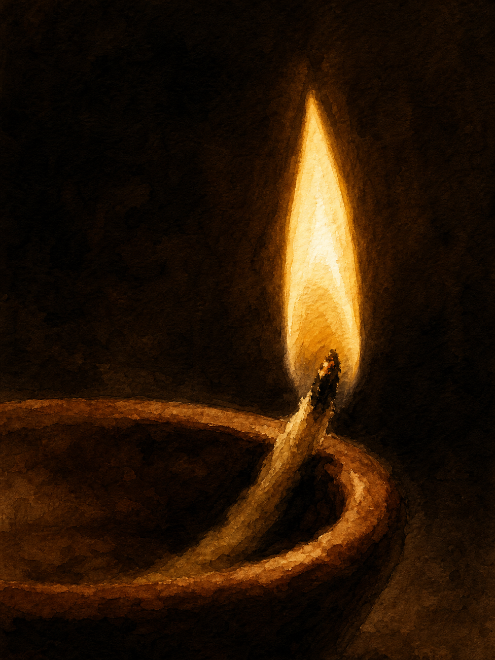 A single diya, wick and flame against darkness
