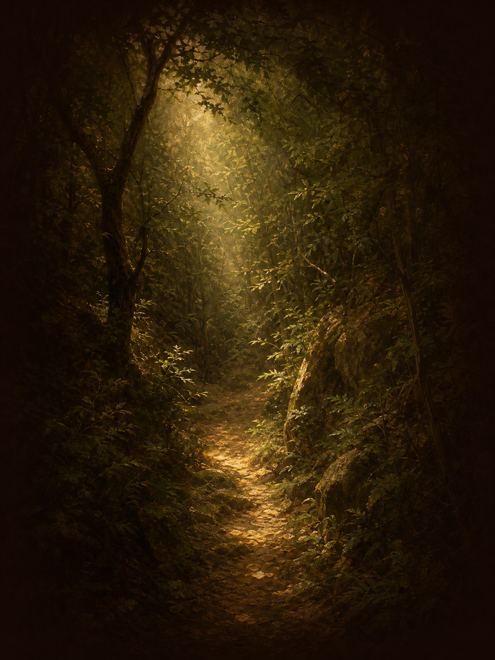 A narrow lit path winding through a dense forest