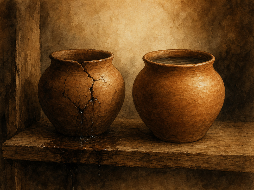 Two clay pots side by side: one cracked and leaking, one whole and full
