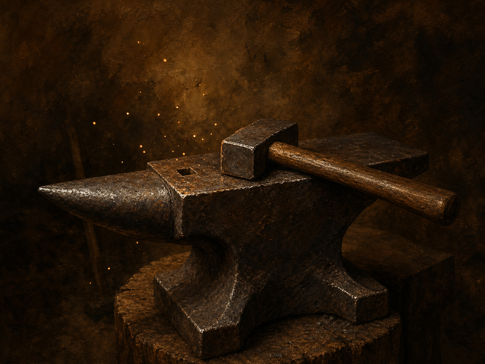 An iron anvil with a forge-hammer; sparks rise from the surface