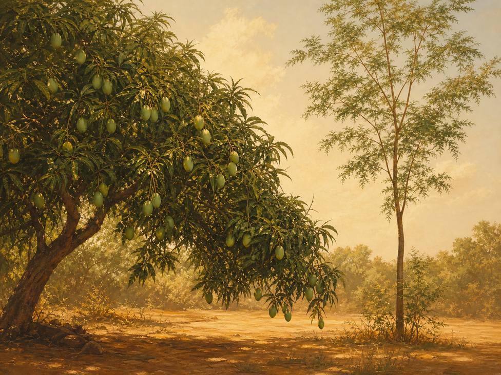 A mango tree heavy with fruit beside a slender neem tree