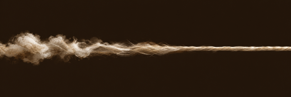 A wide thin strip: cotton fluff at one end, twisted thread at the other