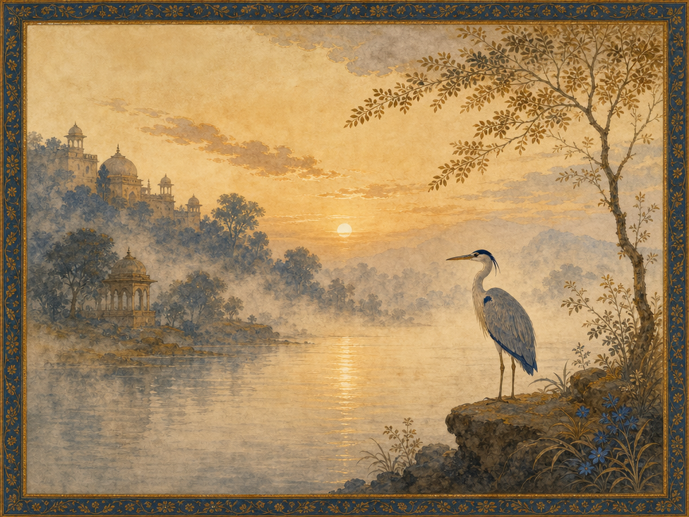 Dawn over a still river with an egret on the bank — raag Asa