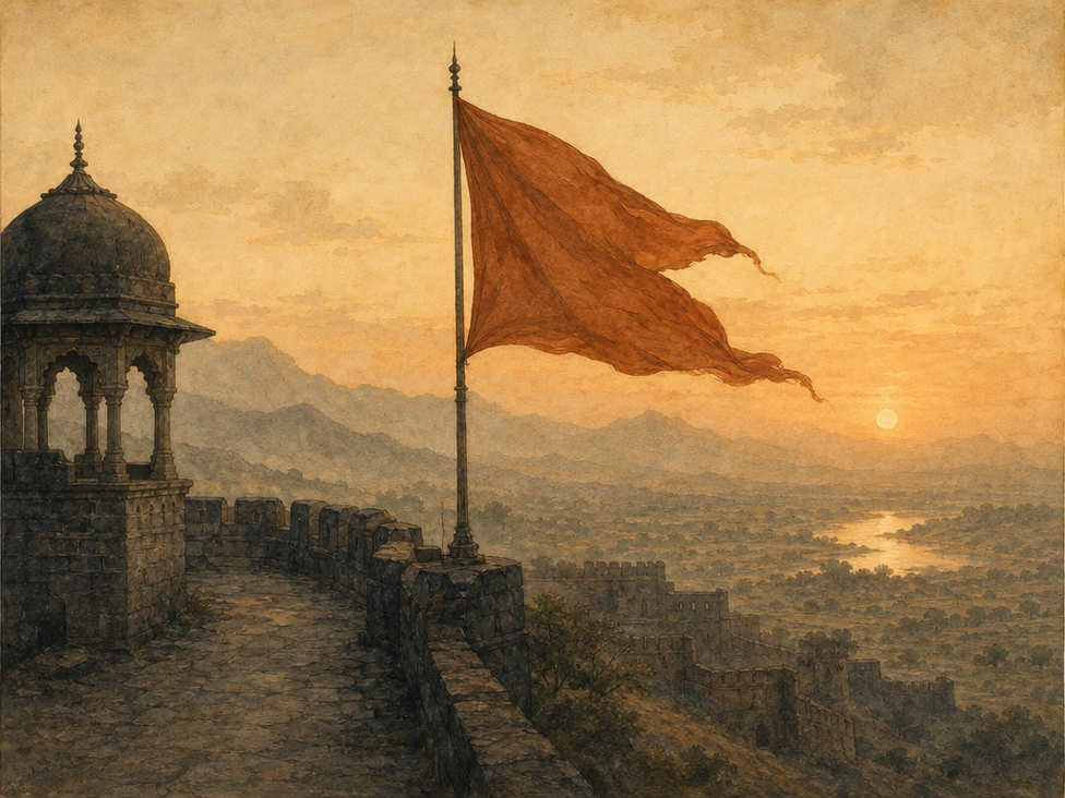 A stone fort wall at first light — raag Bhairon