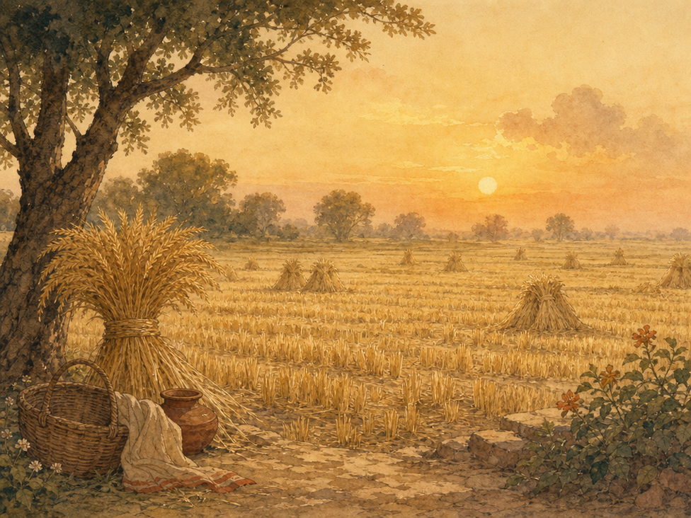 A ripe wheat field in late-afternoon light — raag Dhanasri