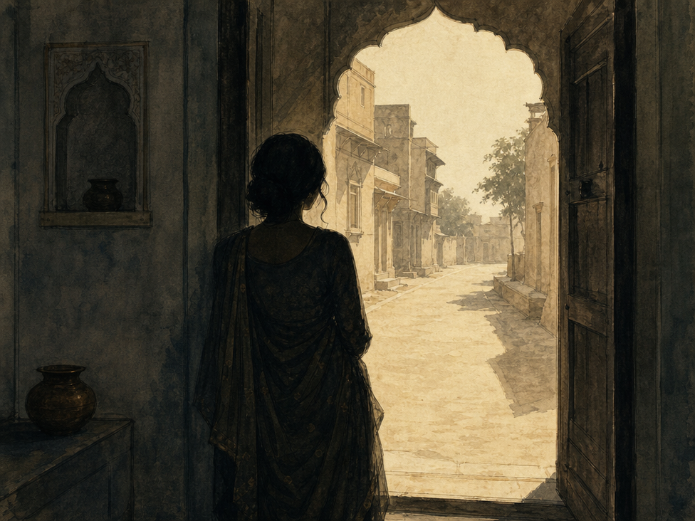 A doorway opening onto a road heading out — raag Majh