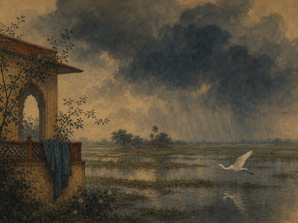 Monsoon clouds over a wetland with a flying egret — raag Malar