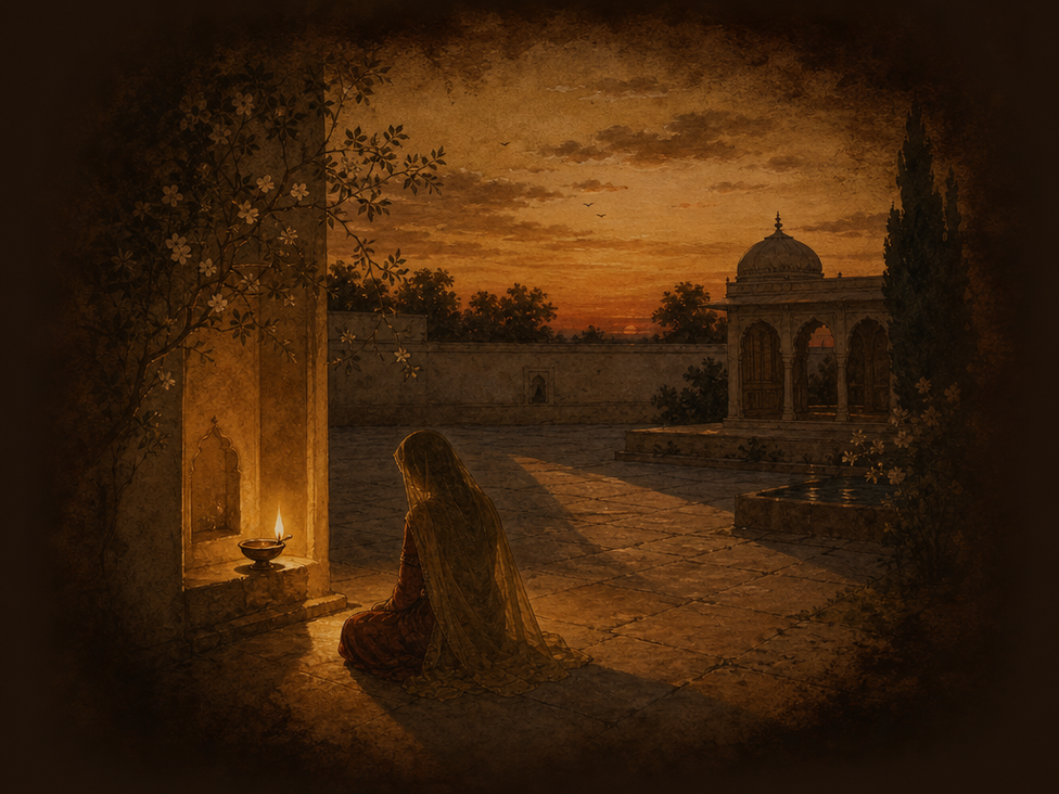 An evening courtyard with the last light on the walls — raag Sri