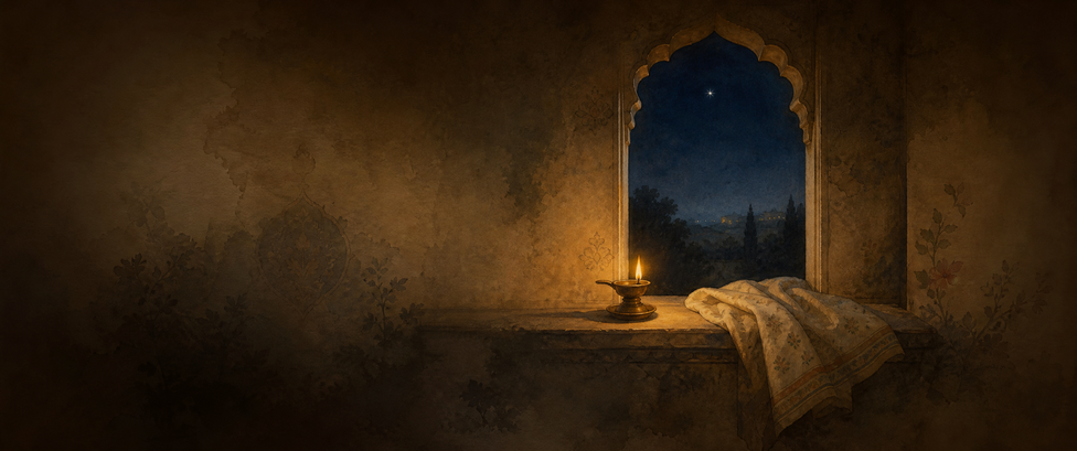 A small oil lamp on a windowsill, a starlit night beyond an arched window