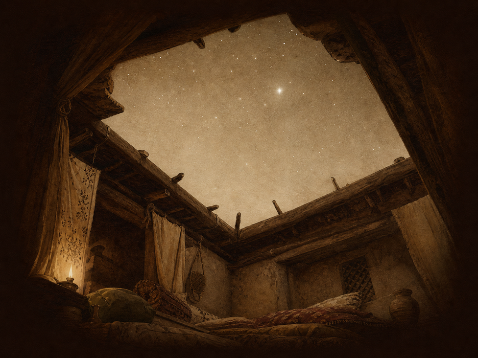 Looking up from a courtyard at a night sky full of stars