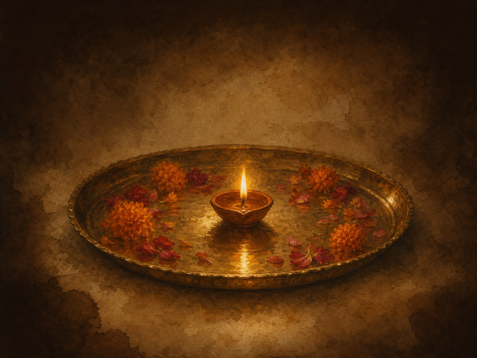 A brass thali on a low table, a small diya burning in its centre
