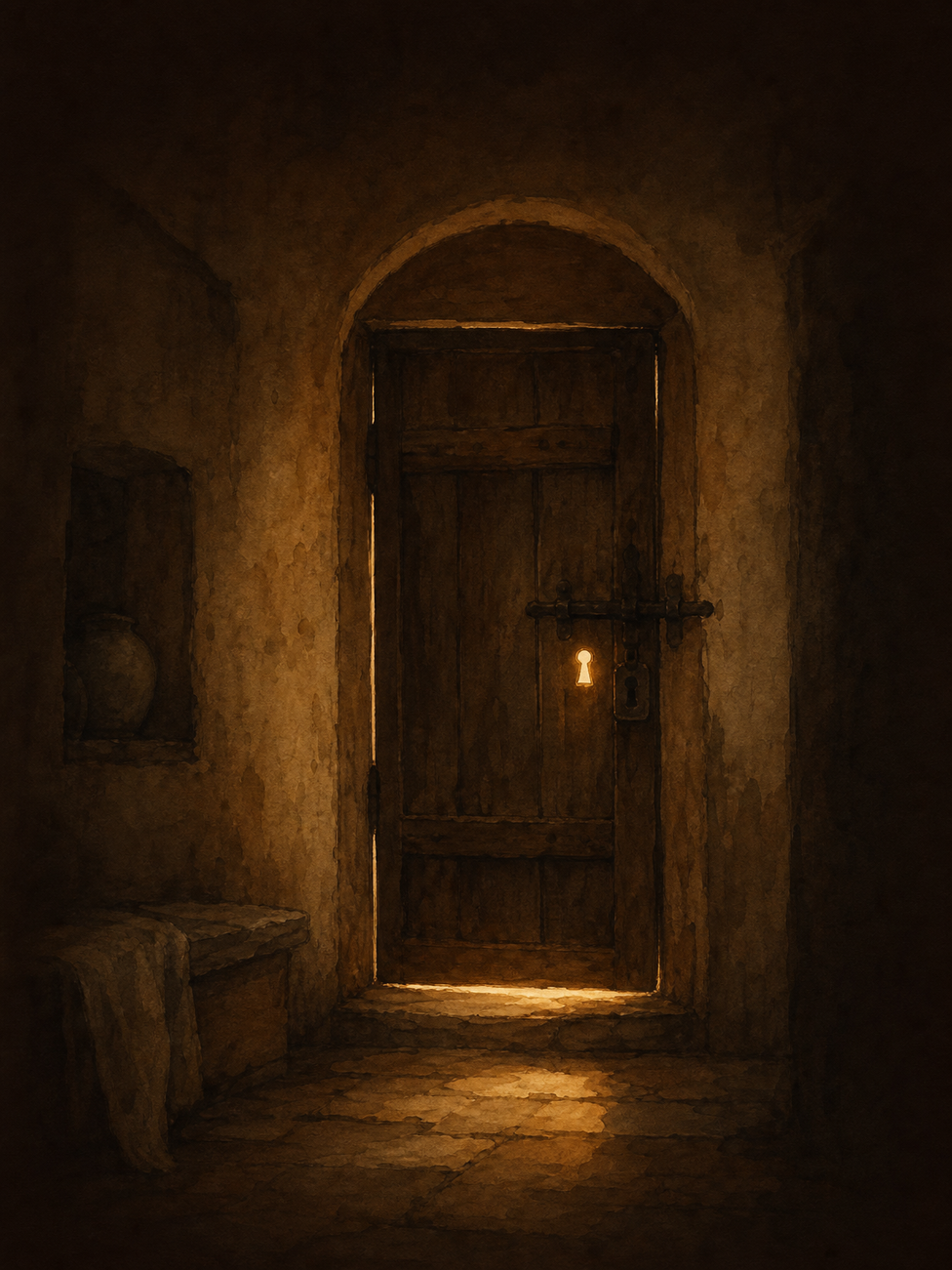 A wooden door slightly ajar, warm light pouring out into a courtyard