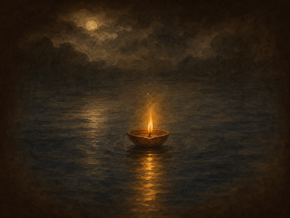 A river at night with floating diyas drifting on its surface