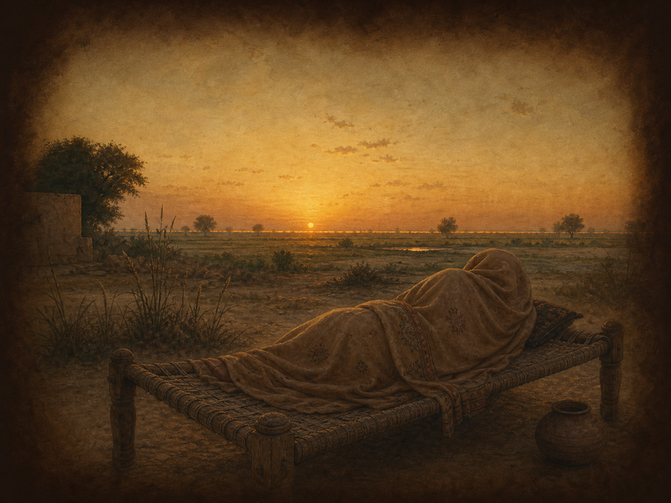A charpai outside a small house, dawn light just touching it