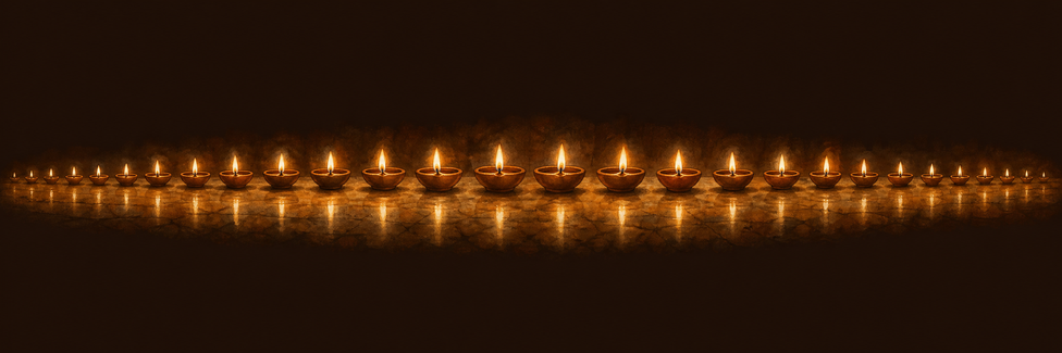 A wide thin strip: a row of small diyas glowing in a line