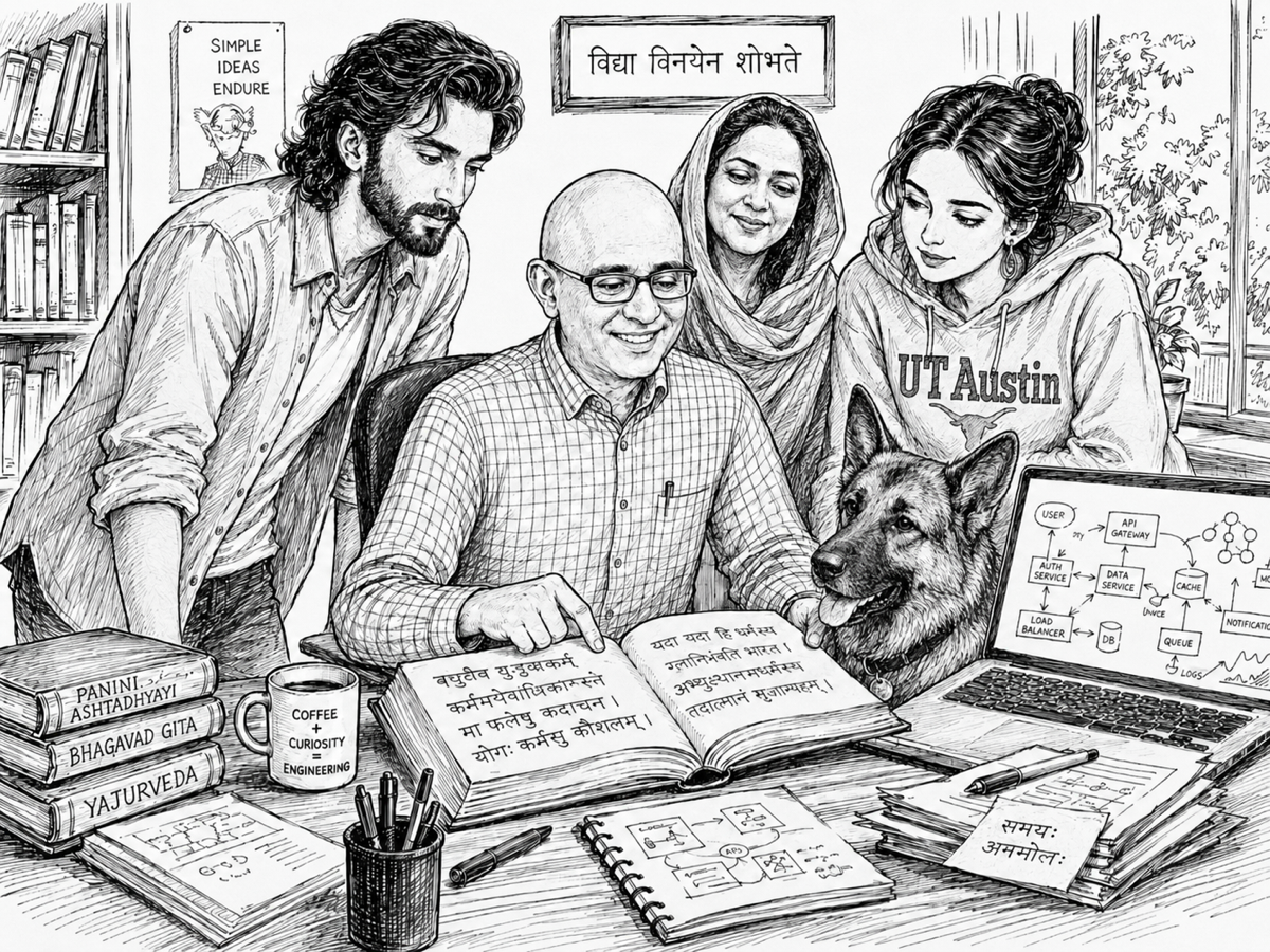 A line-art scene of four family members and a German shepherd studying an open book of Sanskrit verses at a desk. A laptop displays a system architecture diagram. Books on the desk include the Panini Ashtadhyayi, Bhagavad Gita, and Yajurveda. A coffee mug reads Coffee + Curiosity = Engineering. The Sanskrit phrase on the wall reads vidya vinayena shobhate, knowledge is adorned by humility.