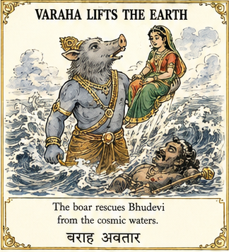 The boar rescues Bhudevi from the cosmic waters
