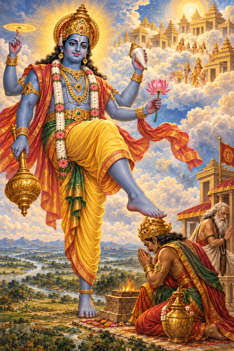 The colossal Trivikrama, one foot on the earth, sets the third stride on the bowed head of King Bali, who kneels with joined palms as the gods watch from palaces in the clouds.