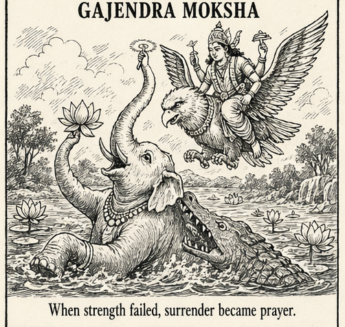Vishnu on Garuda rescuing Gajendra, the elephant king, from the crocodile