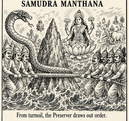 Devas and asuras churn the cosmic ocean using Mount Mandara and the serpent Vasuki