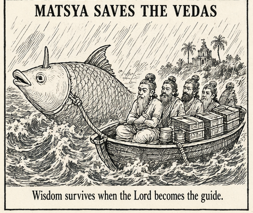 Matsya, Vishnu's fish avatar, guides a boat carrying sages and the Vedas through the deluge