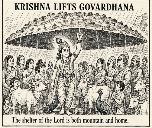 Young Krishna lifting Mount Govardhana on one finger, sheltering villagers from the storm
