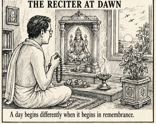 A devotee seated before a home shrine at dawn, holding mala beads, beginning the daily recitation